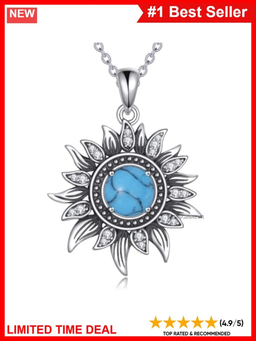 S925 Sterling Silver Turquoise Sunflower Pendant Necklace Boho Women Gift